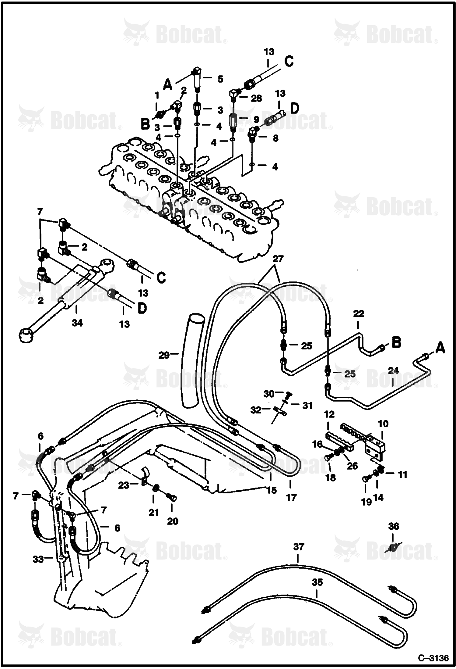Hydraulic Circuitry (Valve to Bucket & Swing Cylinders) (W/O Swing Cylinder Lock Valve)
