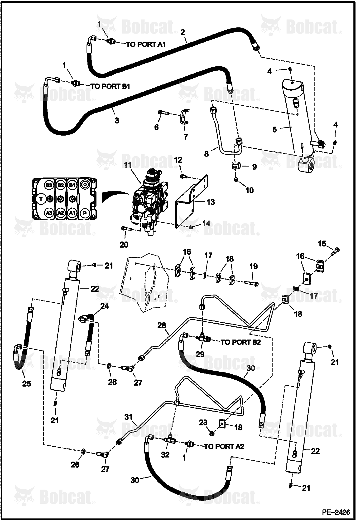 Hydraulic Circuitry (Work Cylinders) (Four Section Main Valve)