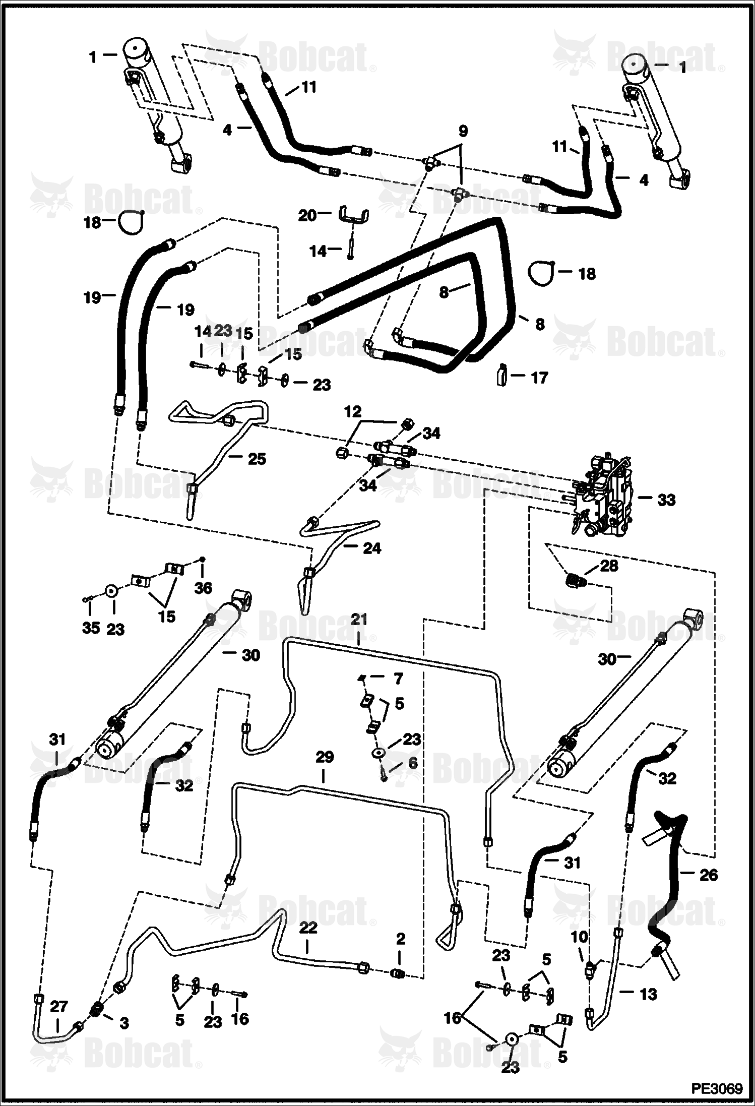 Hydraulic Circuitry (W/O Bucket Positioning Valve) (W/O Cooling Upgrade) 530713065 & Below, 530811454 & Below
